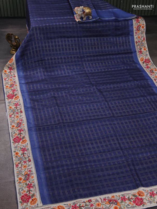 Blue & Beige Semi Tussar Embroidery Saree - Printed Blouse