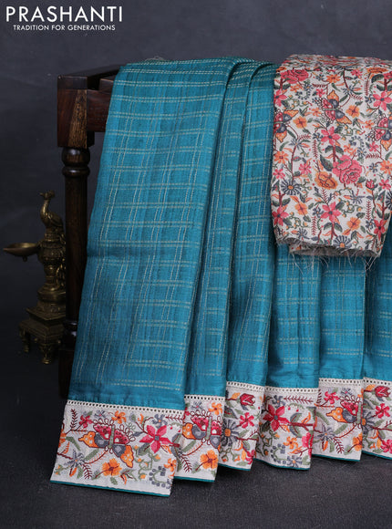 Teal Green & Beige Semi Tussar Embroidery Saree - Printed Blouse