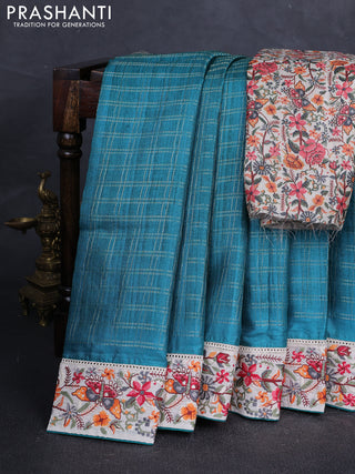 Teal Green & Beige Semi Tussar Embroidery Saree - Printed Blouse