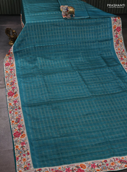 Teal Green & Beige Semi Tussar Embroidery Saree - Printed Blouse