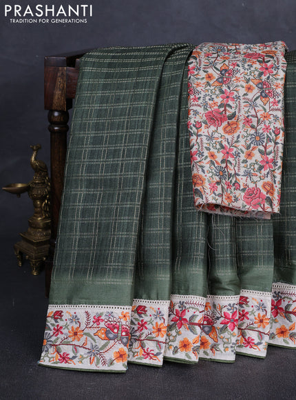 Green & Beige Semi Tussar Embroidery Saree - Printed Blouse