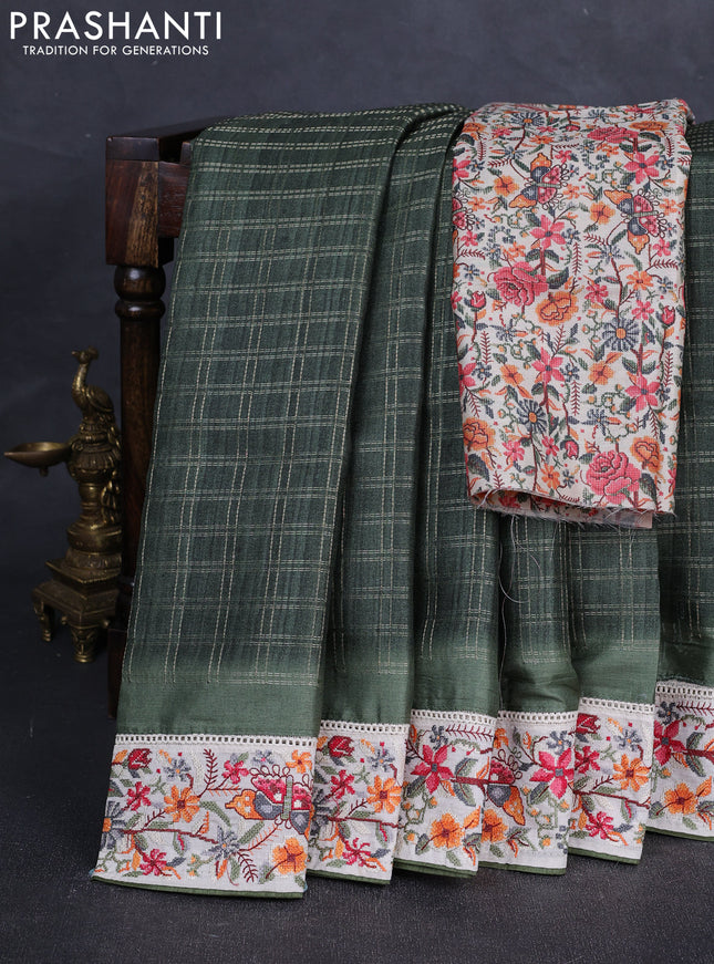 Green & Beige Semi Tussar Embroidery Saree - Printed Blouse