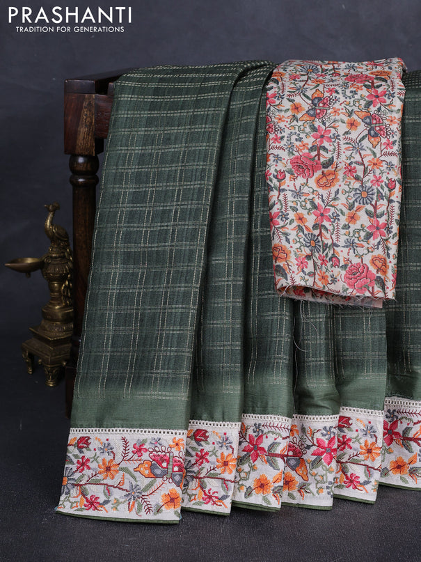 Green & Beige Semi Tussar Embroidery Saree - Printed Blouse