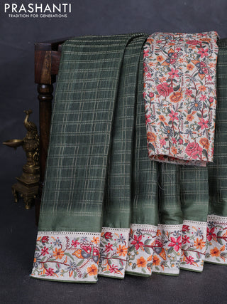 Green & Beige Semi Tussar Embroidery Saree - Printed Blouse