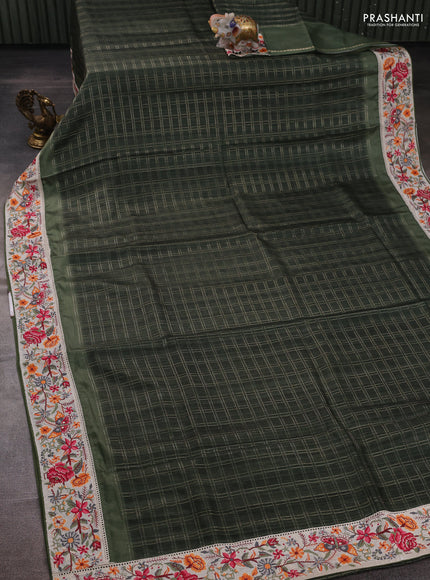 Green & Beige Semi Tussar Embroidery Saree - Printed Blouse
