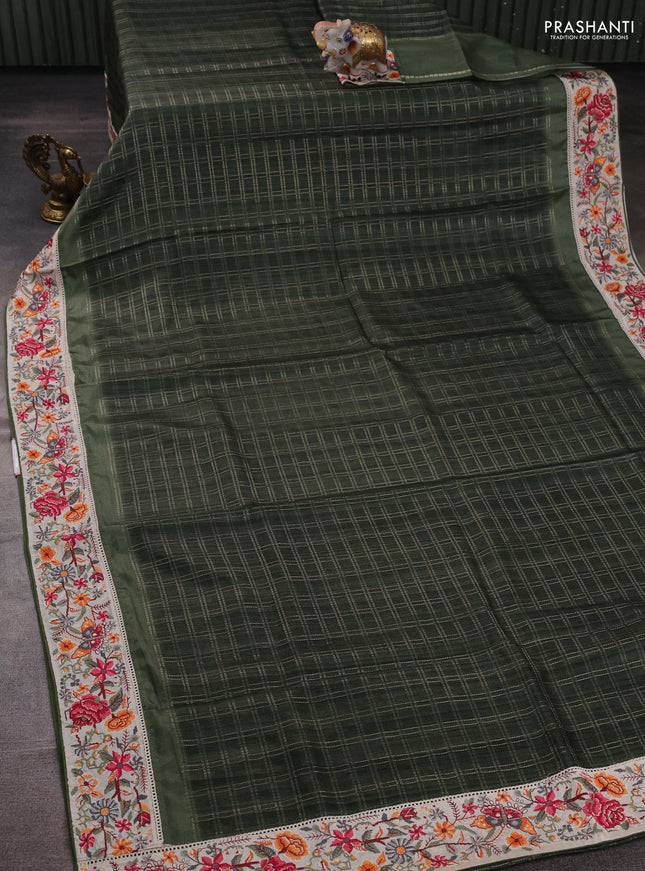 Green & Beige Semi Tussar Embroidery Saree - Printed Blouse