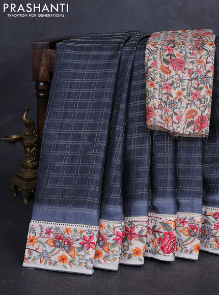 Grey & Beige Semi Tussar Embroidery Saree - Printed Blouse