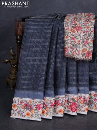 Grey & Beige Semi Tussar Embroidery Saree - Printed Blouse