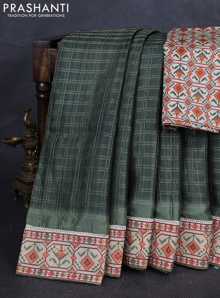 Green & Beige Semi Tussar Embroidery Saree - Printed Blouse