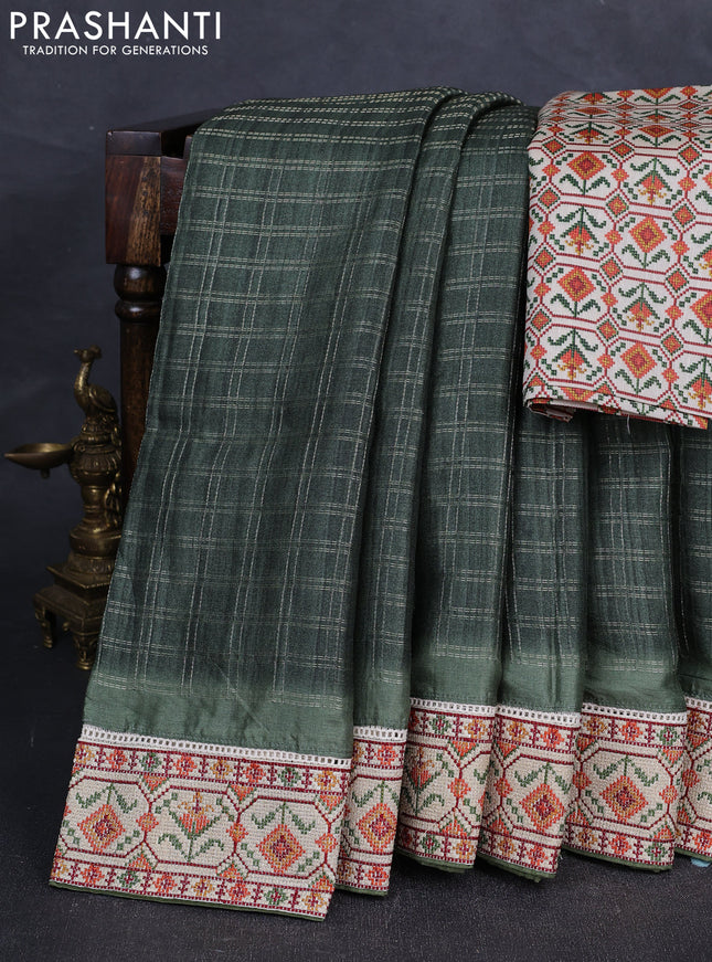 Green & Beige Semi Tussar Embroidery Saree - Printed Blouse
