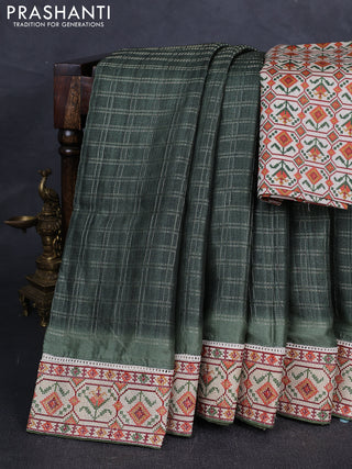 Green & Beige Semi Tussar Embroidery Saree - Printed Blouse