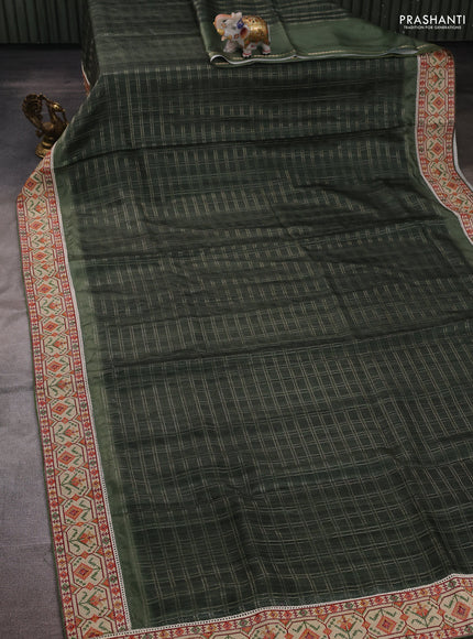 Green & Beige Semi Tussar Embroidery Saree - Printed Blouse