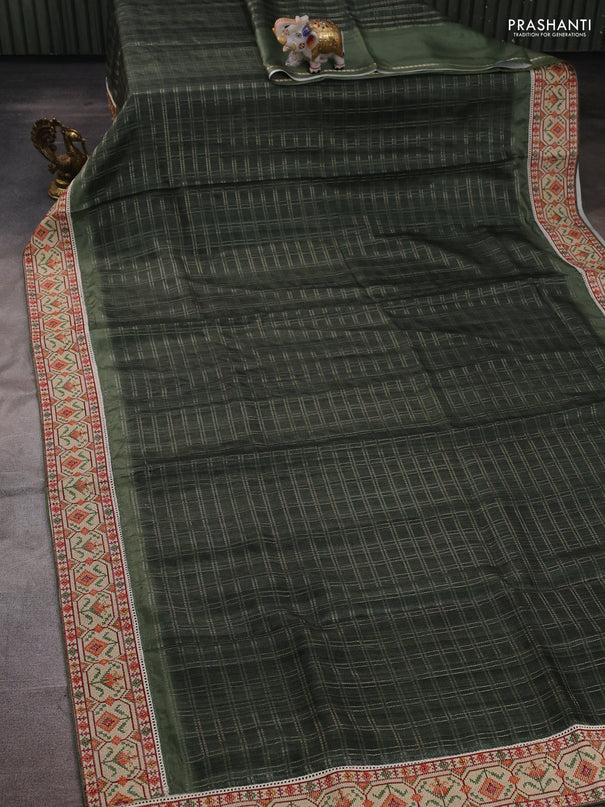 Green & Beige Semi Tussar Embroidery Saree - Printed Blouse
