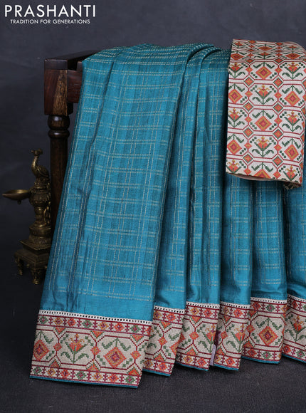 Peacock Green & Beige Semi Tussar Embroidery Saree - Printed Blouse