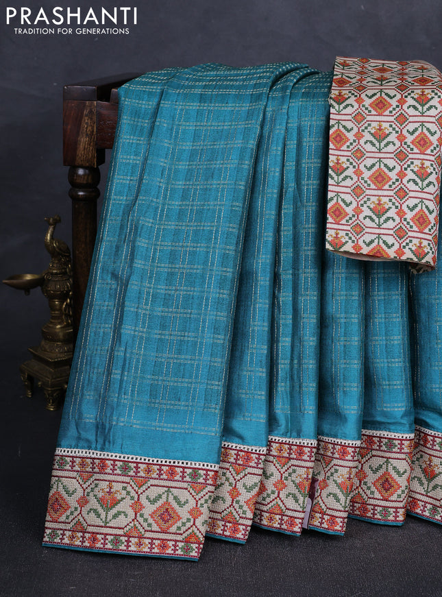 Peacock Green & Beige Semi Tussar Embroidery Saree - Printed Blouse