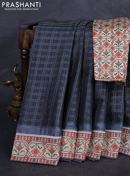 Grey & Beige Semi Tussar Embroidery Saree - Printed Blouse