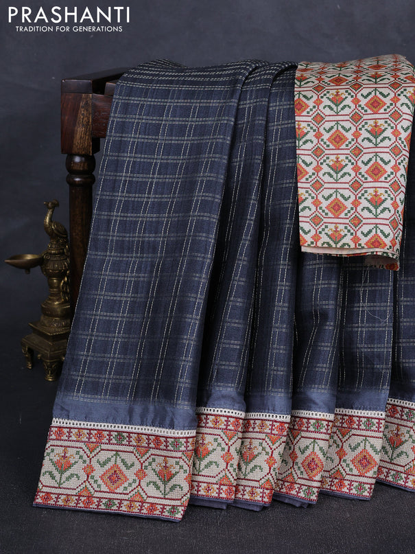 Grey & Beige Semi Tussar Embroidery Saree - Printed Blouse