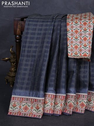 Grey & Beige Semi Tussar Embroidery Saree - Printed Blouse