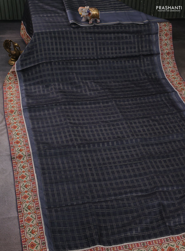 Grey & Beige Semi Tussar Embroidery Saree - Printed Blouse