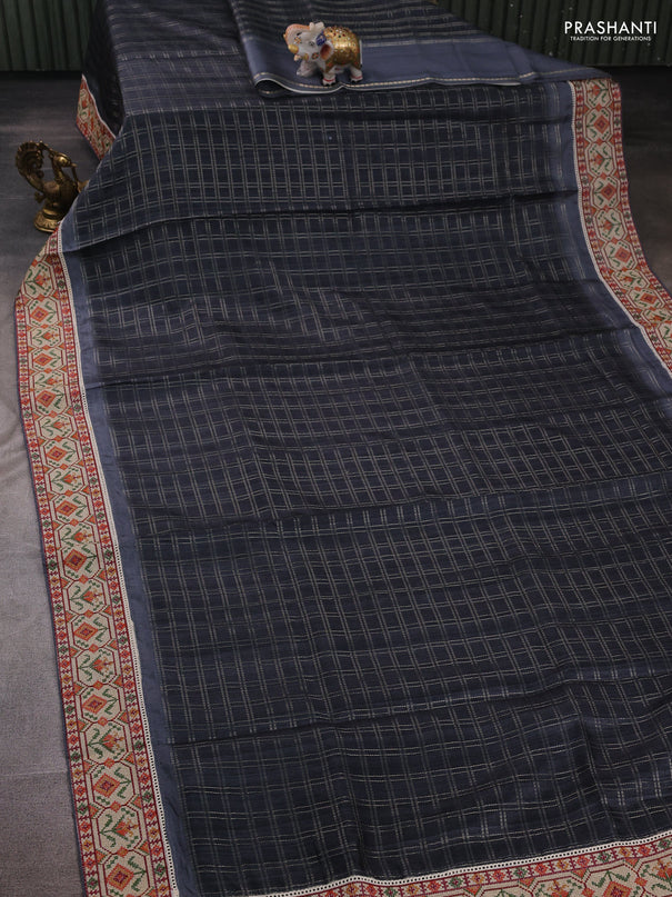 Grey & Beige Semi Tussar Embroidery Saree - Printed Blouse