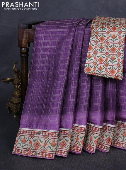 Purple & Beige Semi Tussar Embroidery Saree - Printed Blouse