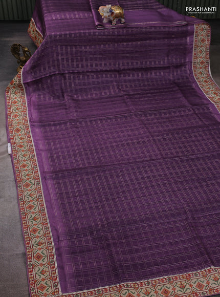 Purple & Beige Semi Tussar Embroidery Saree - Printed Blouse