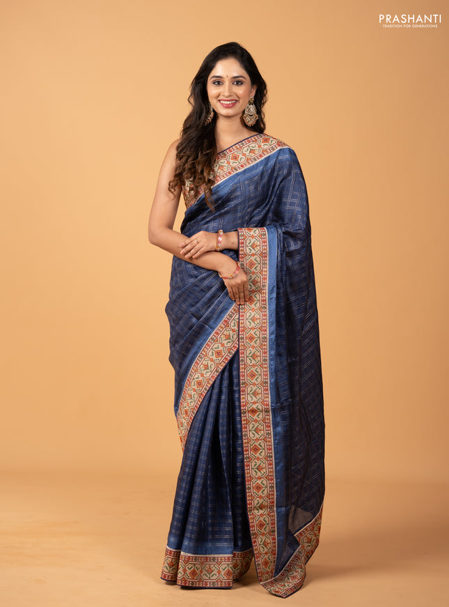 Grey & Beige Semi Tussar Embroidery Saree - Printed Blouse