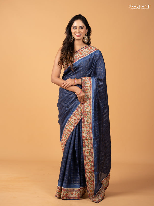 Grey & Beige Semi Tussar Embroidery Saree - Printed Blouse