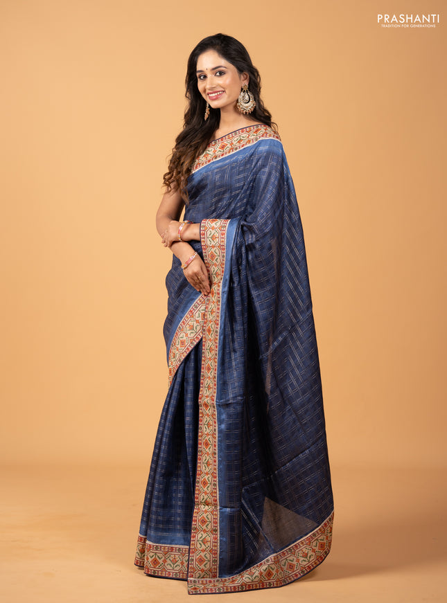 Grey & Beige Semi Tussar Embroidery Saree - Printed Blouse