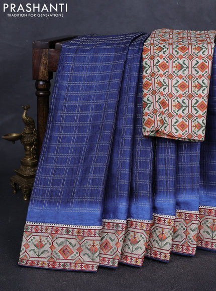 Grey & Beige Semi Tussar Embroidery Saree - Printed Blouse