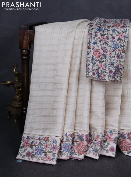 Off White & Pastel Pink Semi Tussar Embroidery Saree - Printed Blouse