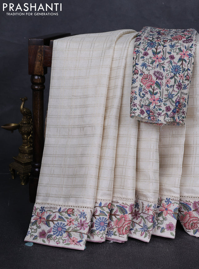 Off White & Pastel Pink Semi Tussar Embroidery Saree - Printed Blouse