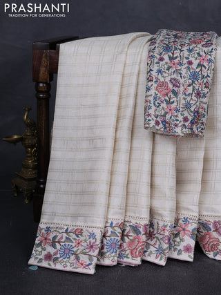 Off White & Pastel Pink Semi Tussar Embroidery Saree - Printed Blouse