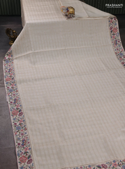 Off White & Pastel Pink Semi Tussar Embroidery Saree - Printed Blouse