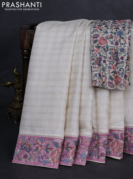 Off White & Mauve Pink Semi Tussar Embroidery Saree - Printed Blouse