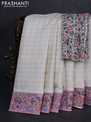 Off White & Mauve Pink Semi Tussar Embroidery Saree - Printed Blouse