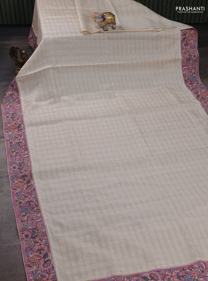 Off White & Mauve Pink Semi Tussar Embroidery Saree - Printed Blouse