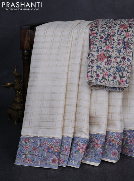Off White & Grey Semi Tussar Embroidery Saree - Printed Blouse