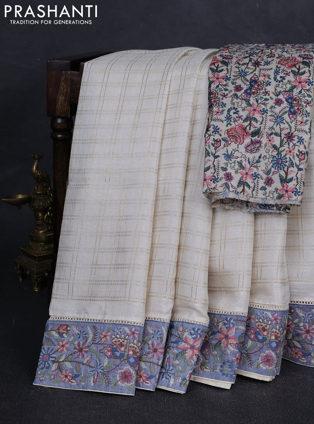 Off White & Grey Semi Tussar Embroidery Saree - Printed Blouse