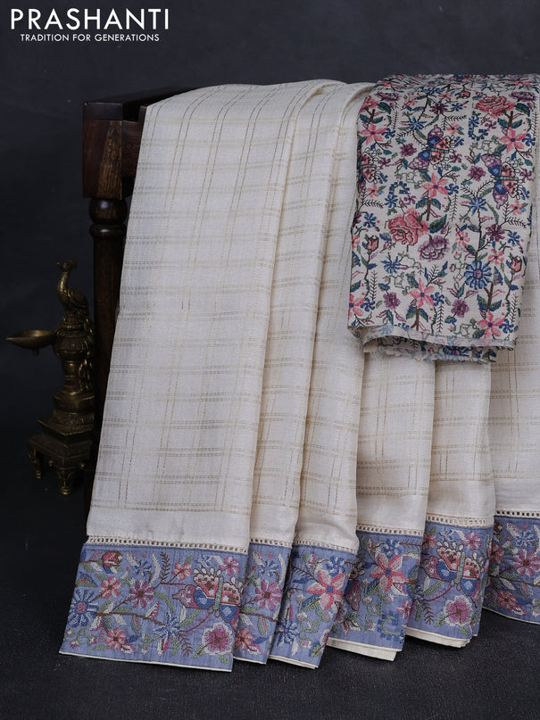 Off White & Grey Semi Tussar Embroidery Saree - Printed Blouse