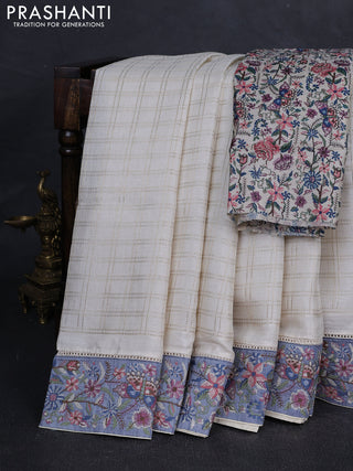 Off White & Grey Semi Tussar Embroidery Saree - Printed Blouse