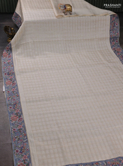 Off White & Grey Semi Tussar Embroidery Saree - Printed Blouse