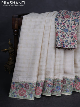 Off White & Pastel Green Semi Tussar Embroidery Saree - Printed Blouse
