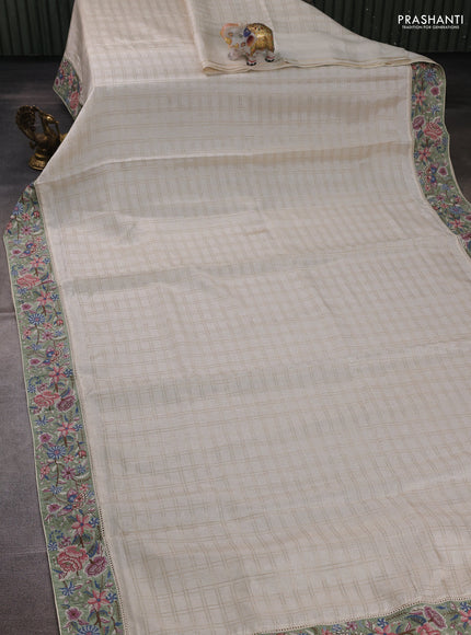 Off White & Pastel Green Semi Tussar Embroidery Saree - Printed Blouse