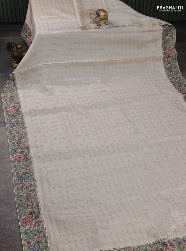 Off White & Pastel Green Semi Tussar Embroidery Saree - Printed Blouse
