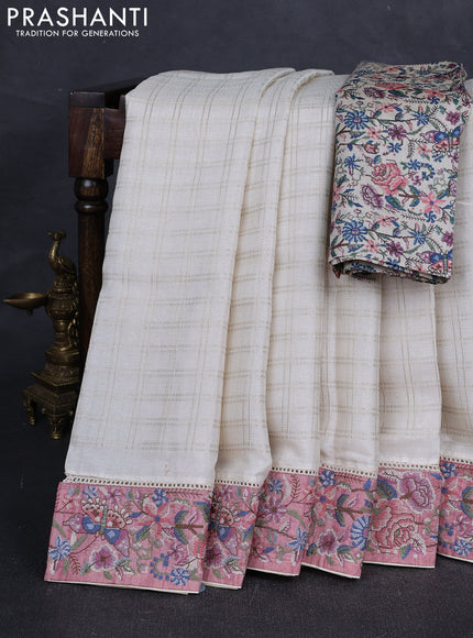Off White & Pastel Pink Semi Tussar Embroidery Saree - Printed Blouse