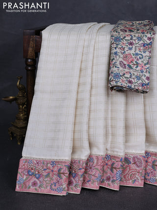 Off White & Pastel Pink Semi Tussar Embroidery Saree - Printed Blouse