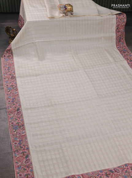 Off White & Pastel Pink Semi Tussar Embroidery Saree - Printed Blouse