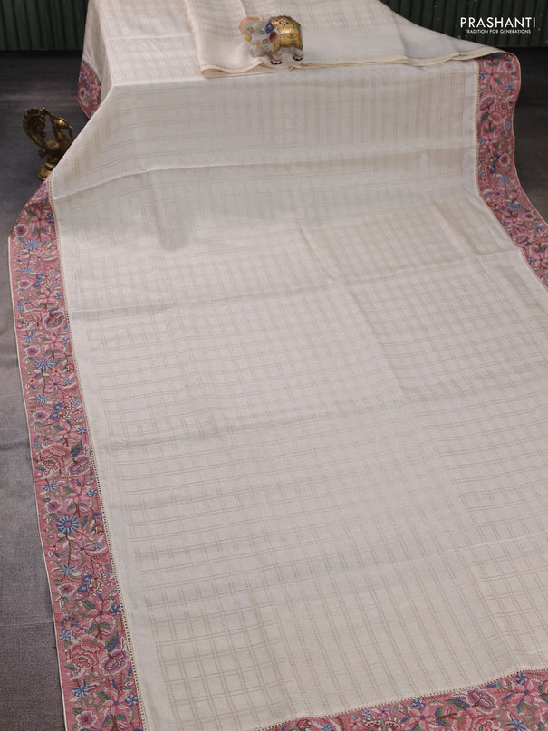 Off White & Pastel Pink Semi Tussar Embroidery Saree - Printed Blouse