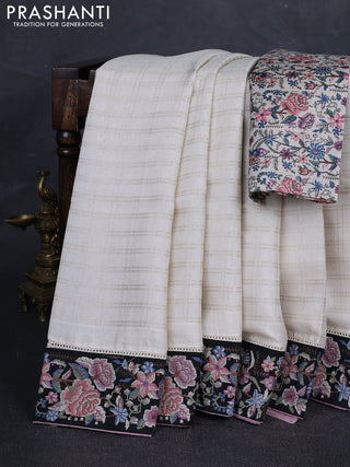 Off White & Black Semi Tussar Embroidery Saree - Printed Blouse